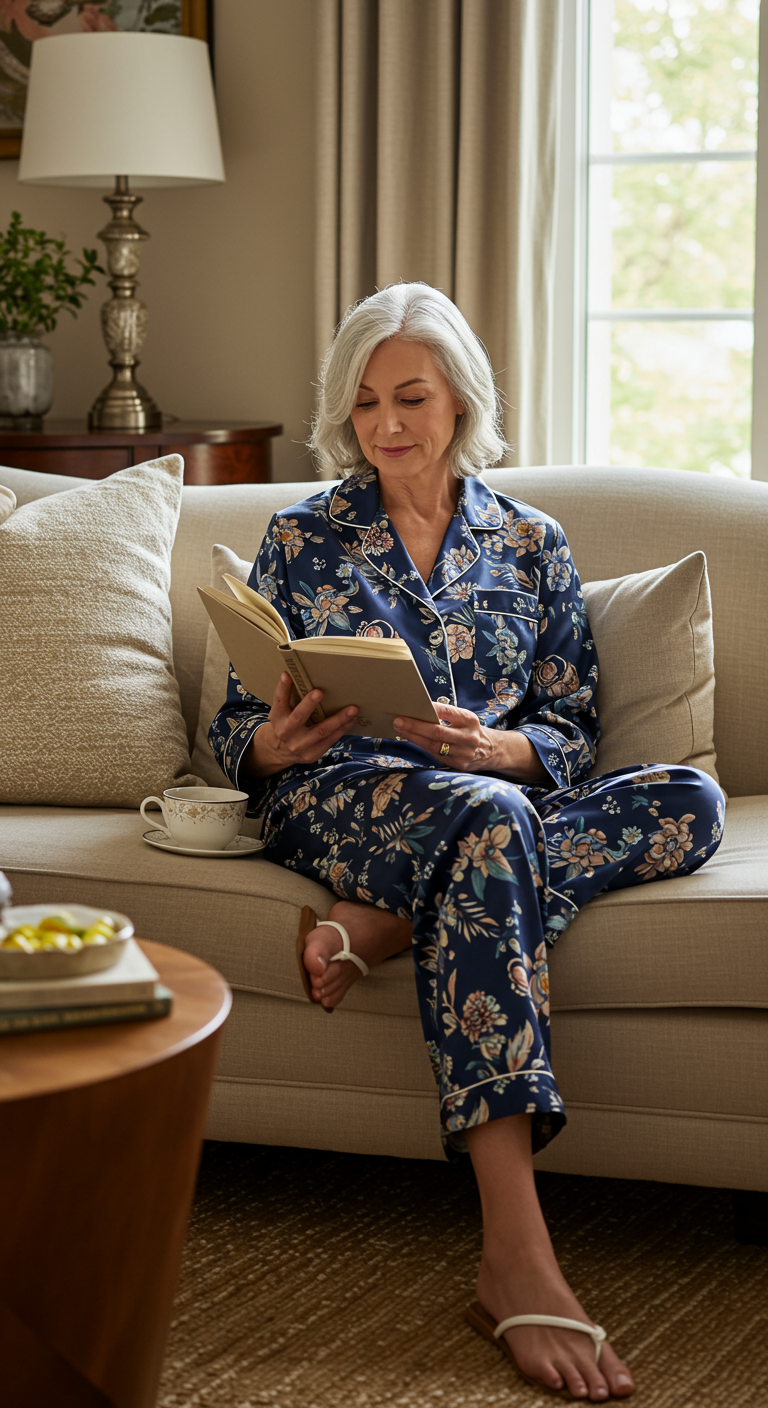 Mature woman in a navy floral silk pajama set reading on a couch.