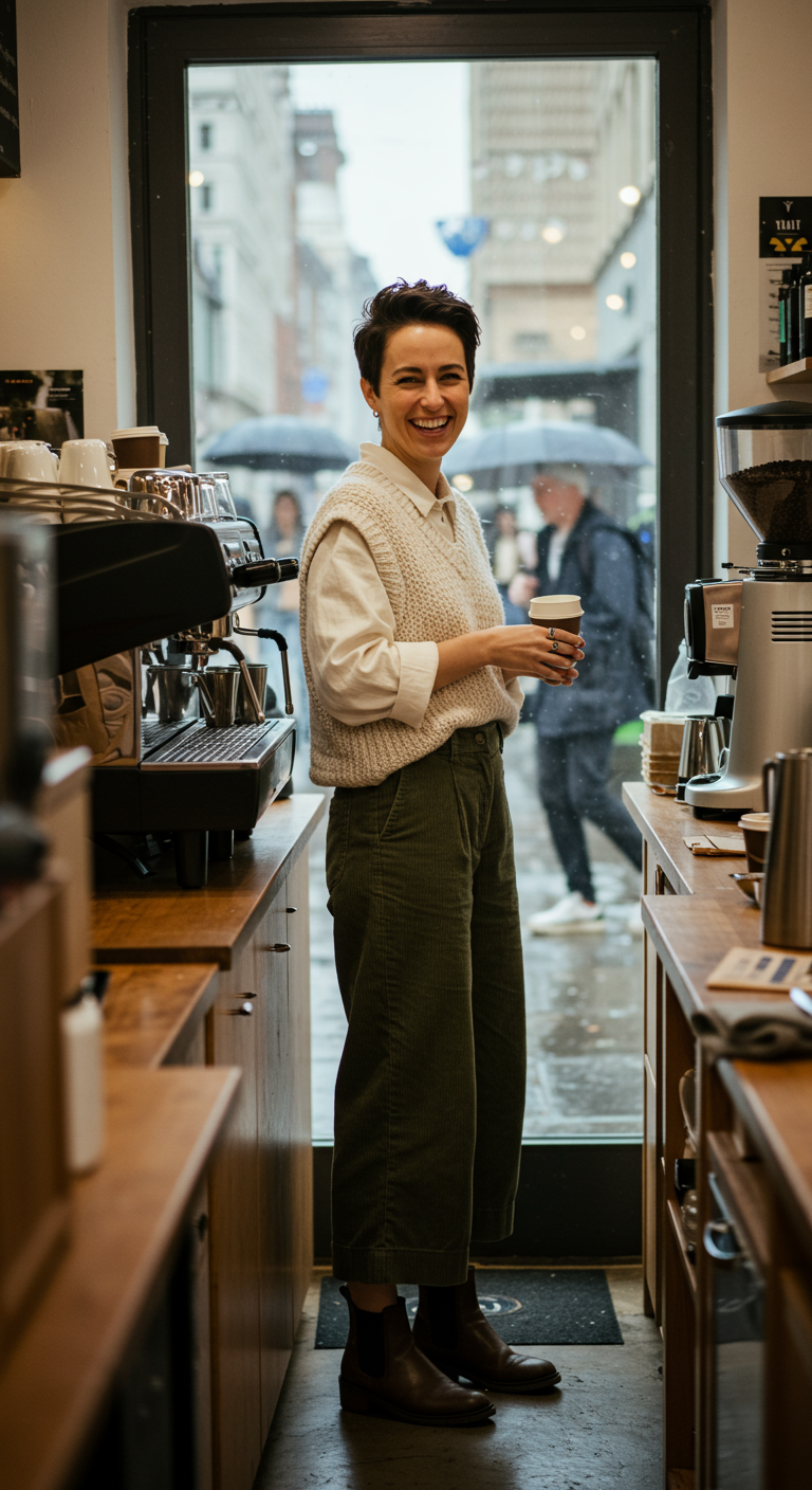 Woman in knit vest, white shirt, and corduroy pants in a coffee shop.
