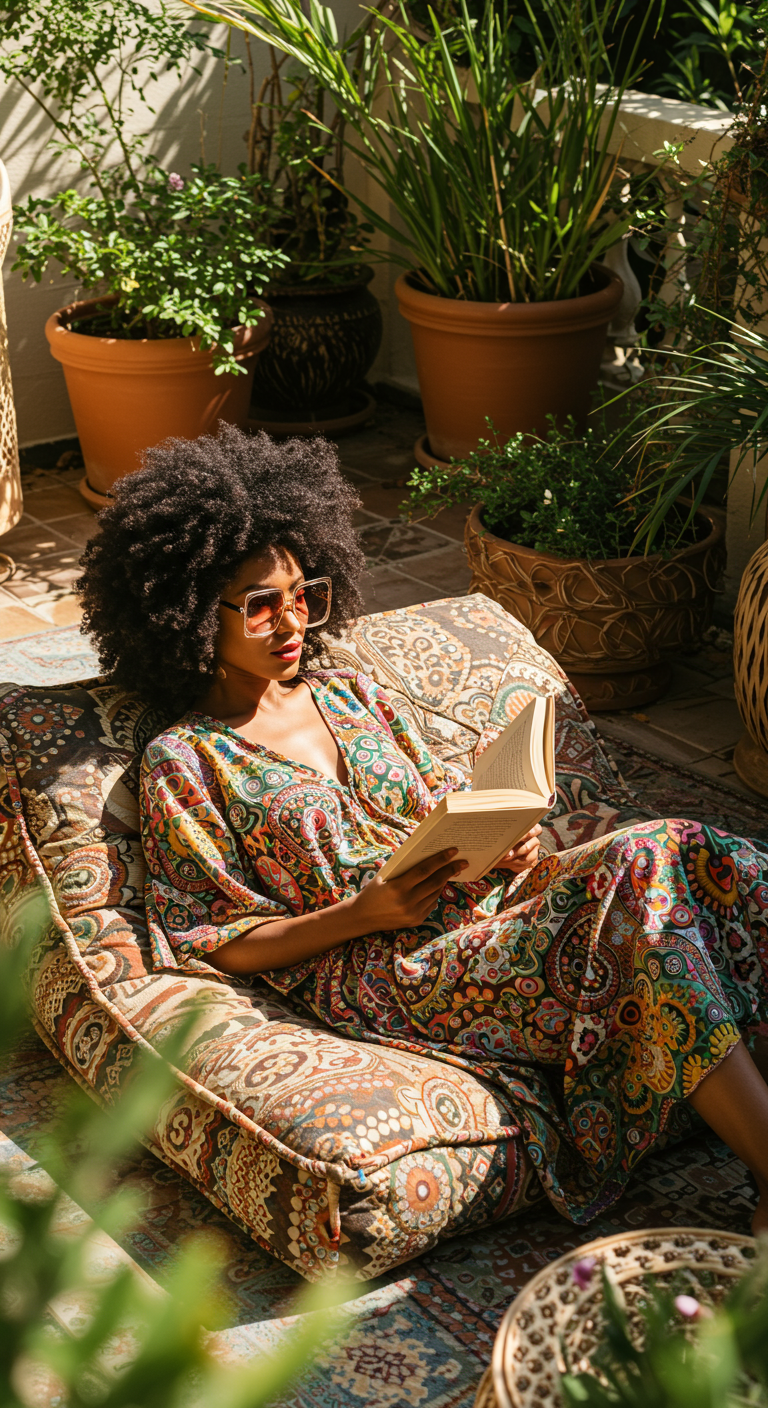 Woman in a colorful kaftan and large square sunglasses reading on a patio.