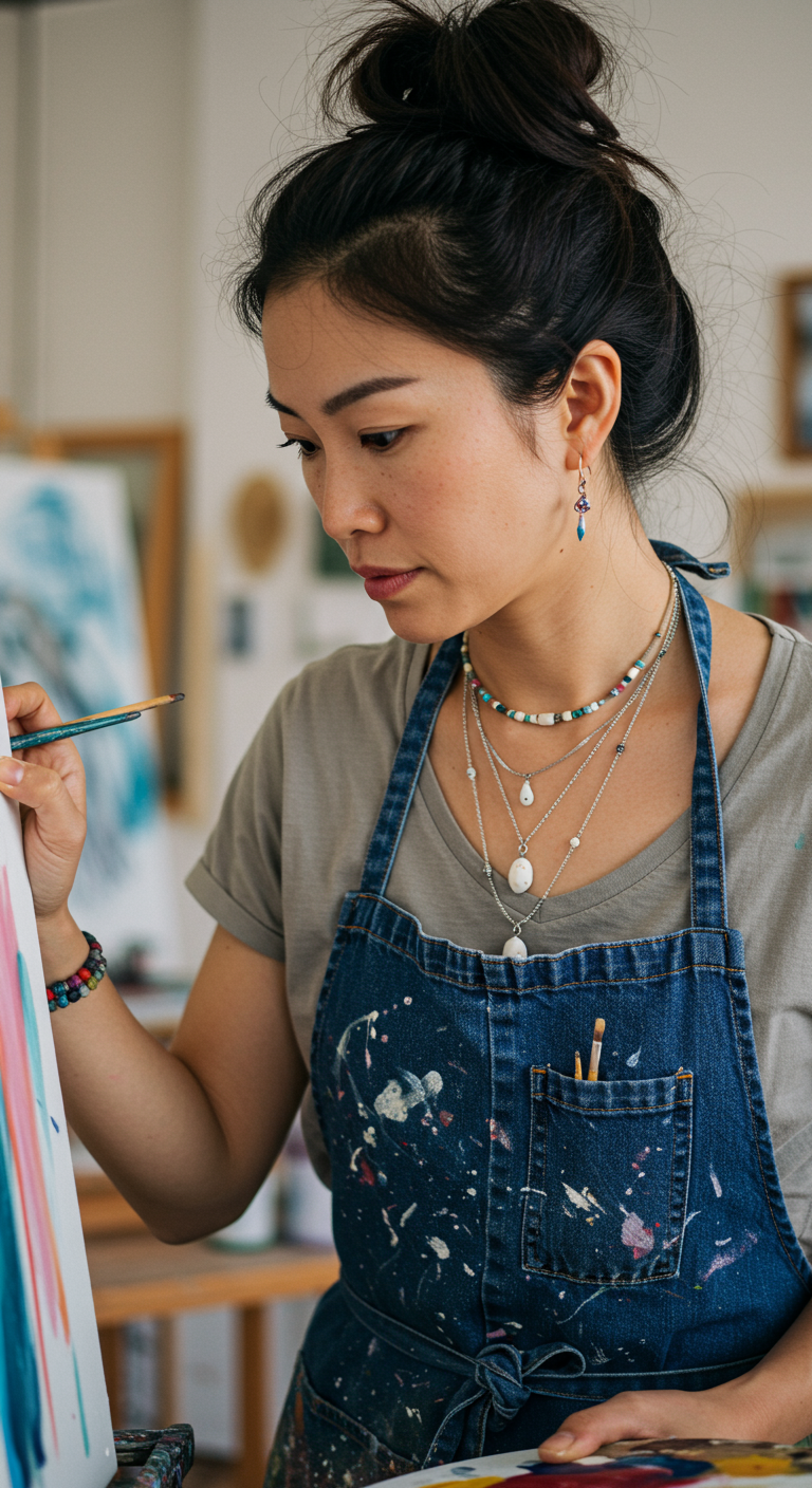 Artist in a studio wearing a denim apron and layered mixed necklaces.