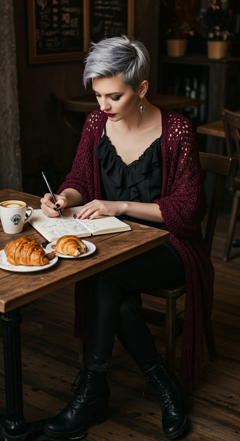 Woman with silver hair in a cafe, wearing a burgundy crochet cardigan and black ruffled top.