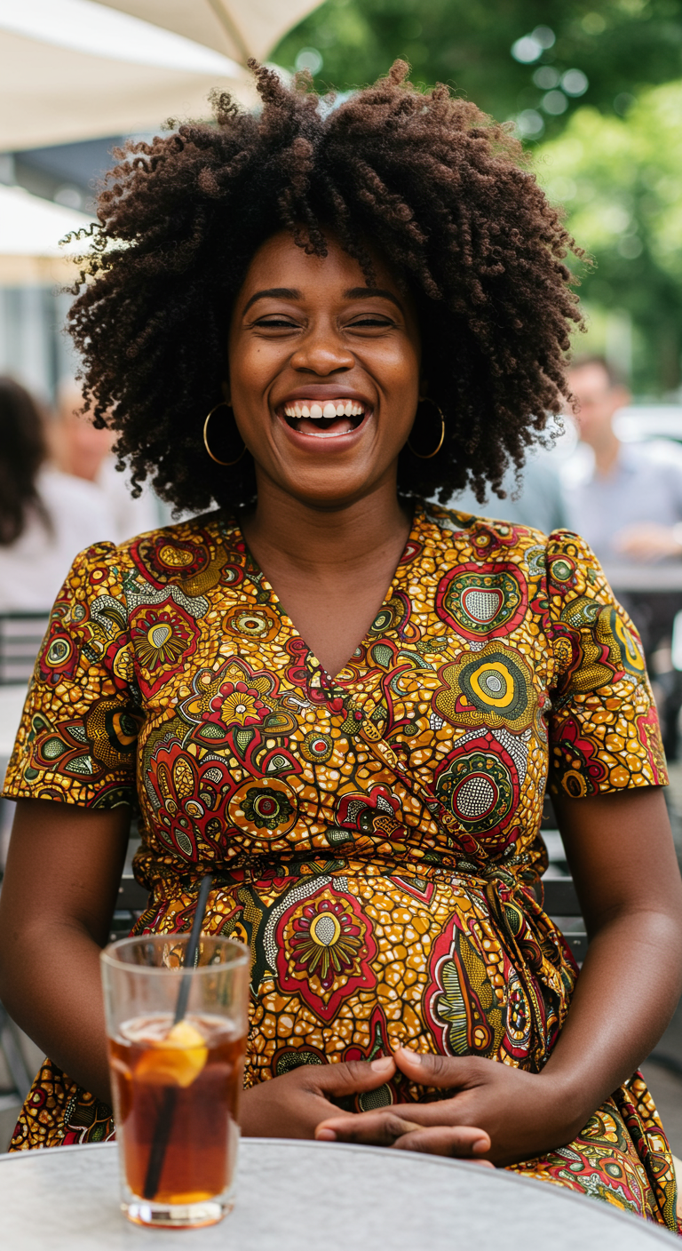 Pregnant woman laughing in a vibrant patterned wrap dress at an outdoor cafe.