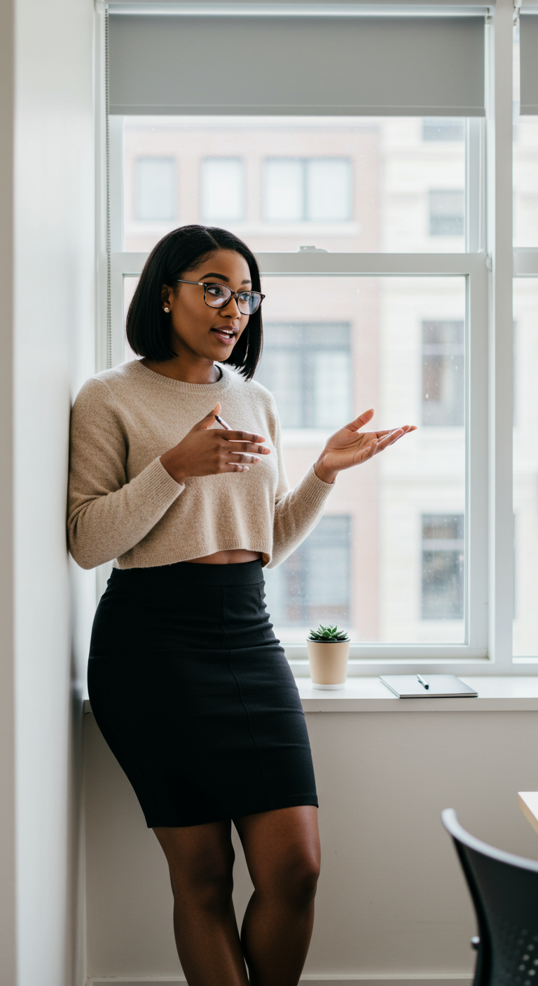 Woman in cropped beige sweater and black pencil skirt by a window.