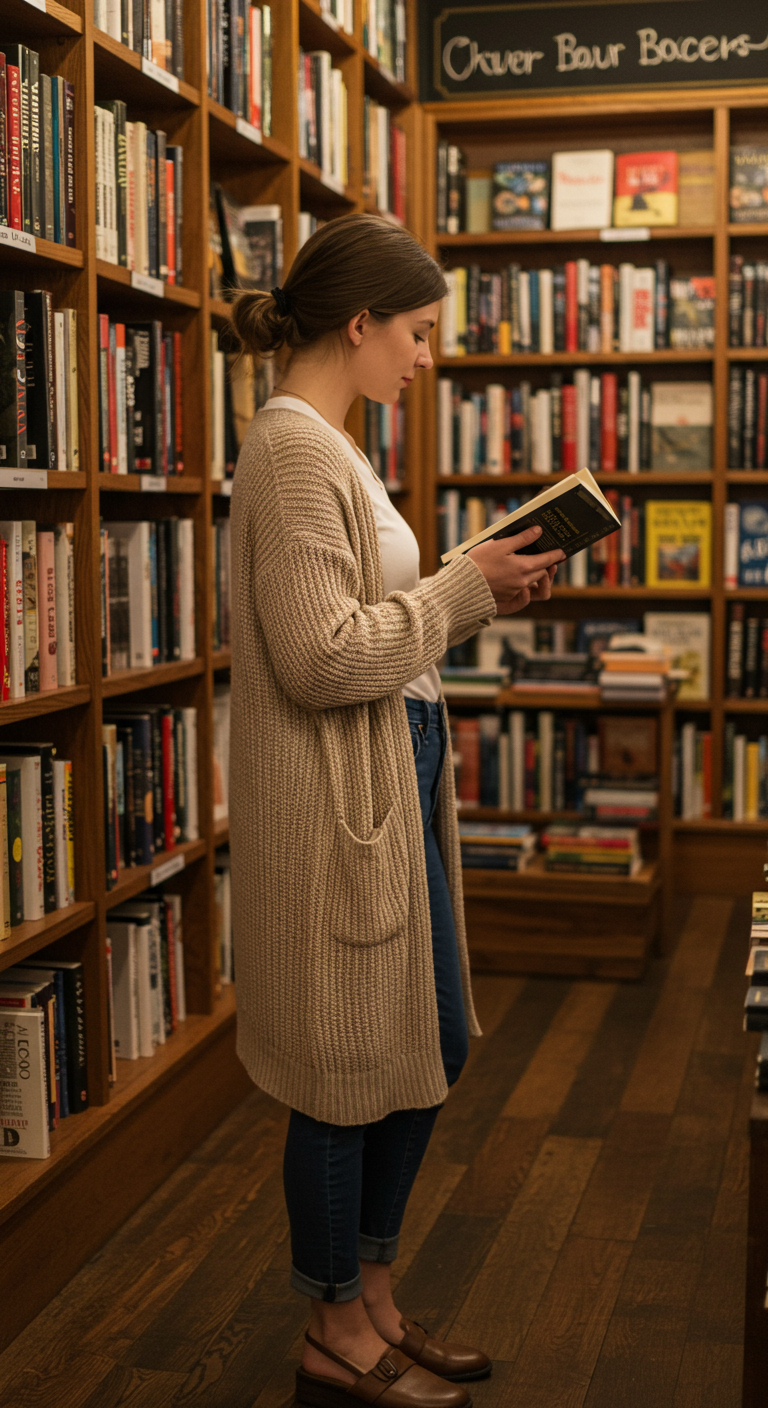Woman in a long cardigan and jeans reading in a bookstore.
