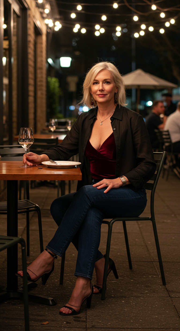 Woman at outdoor restaurant at night in velvet bralette, sheer shirt, and jeans.