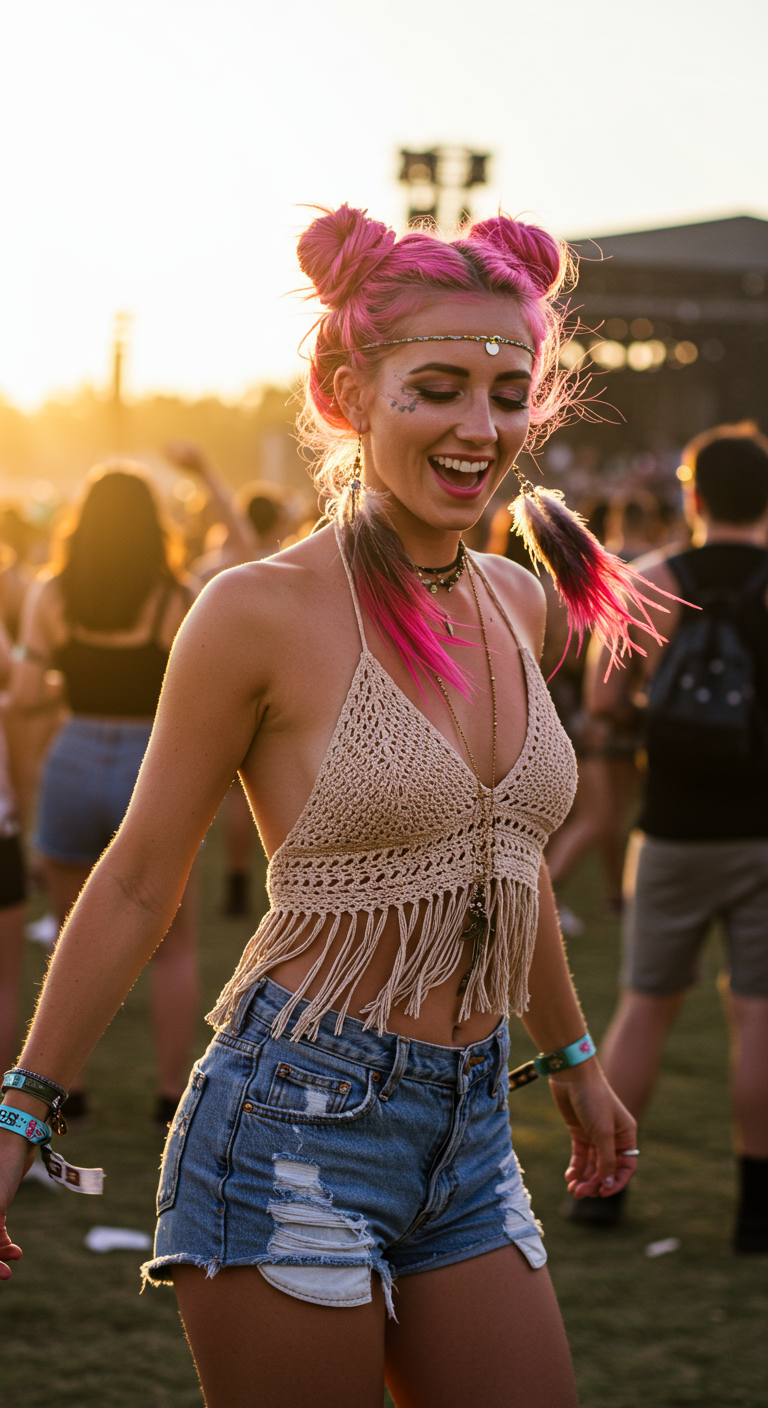 Woman with pink hair, crochet top, and feather earrings at a festival.