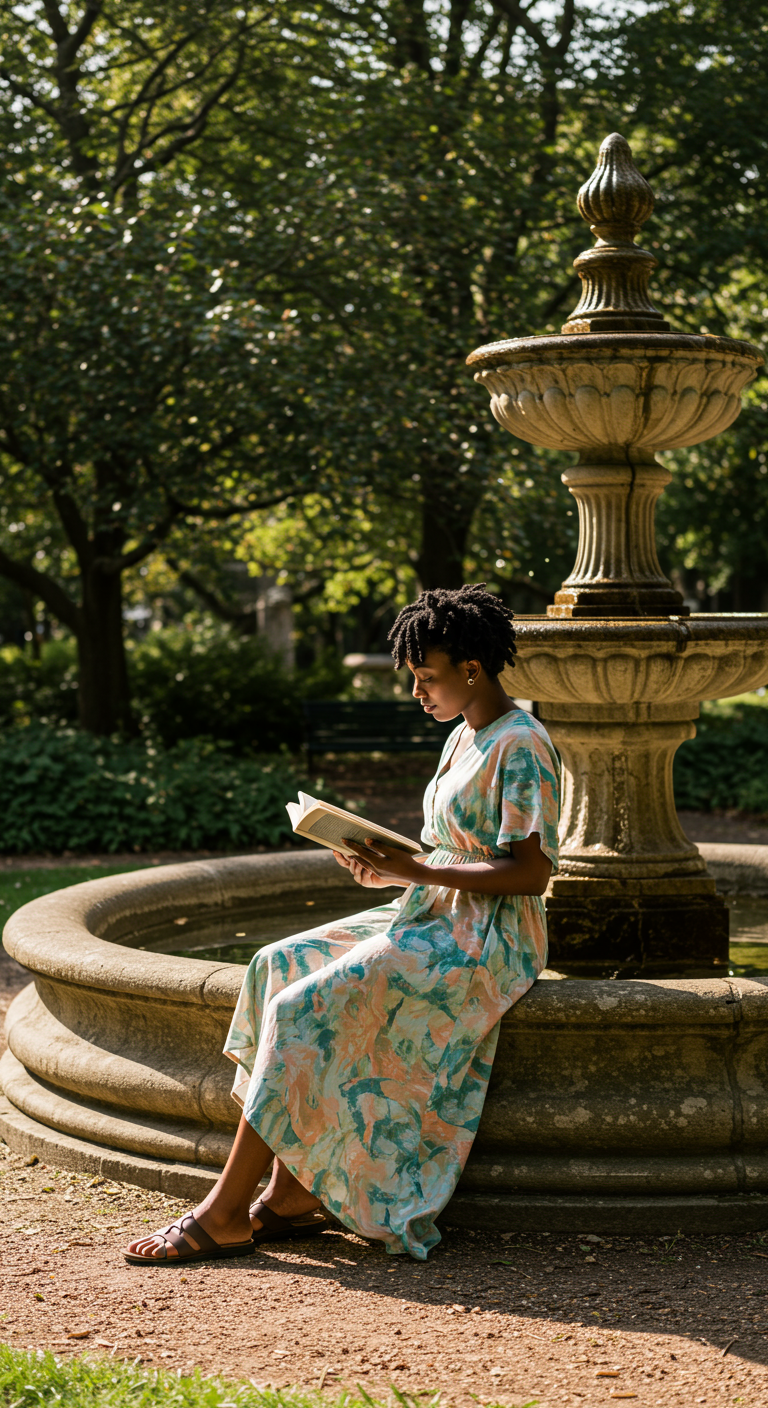 Woman reading by a fountain in a teal and coral abstract print dress.