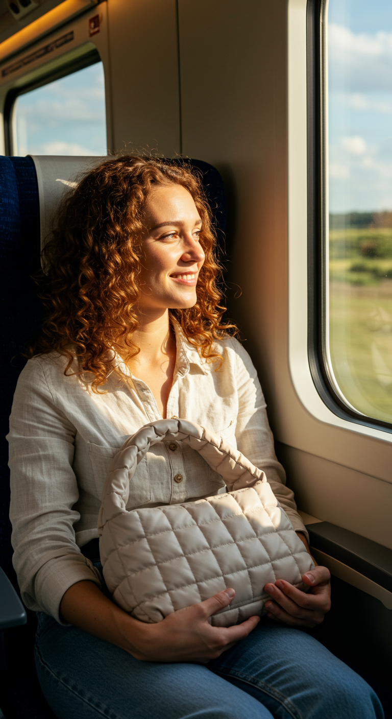 Woman with curly hair on a train, holding a cream quilted shoulder bag.