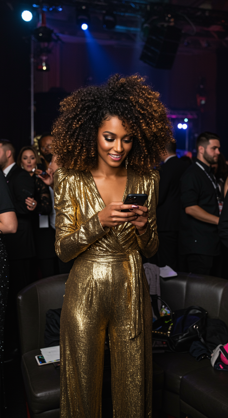 Woman in a dazzling gold lamé jumpsuit checking her phone.