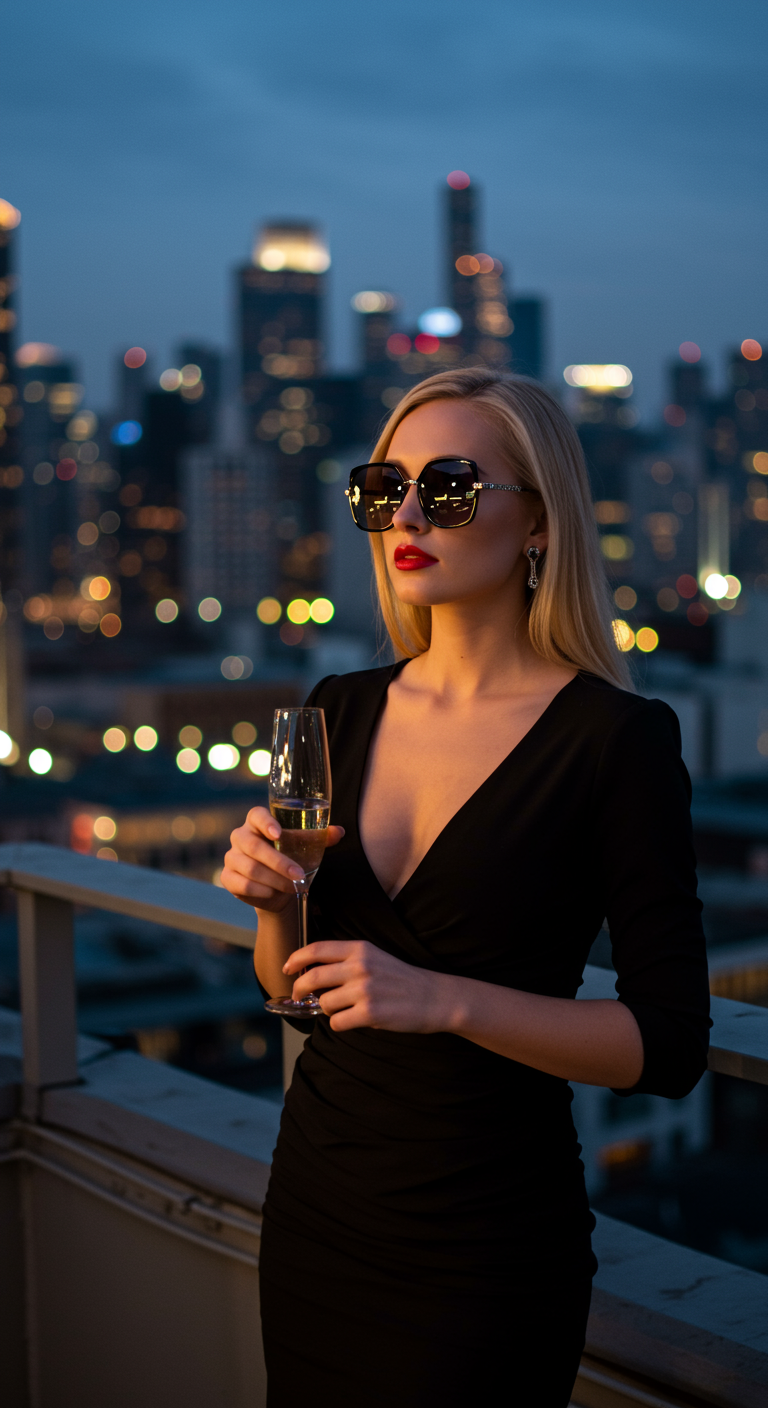 Woman in a black dress and oversized sunglasses on a city rooftop at night.