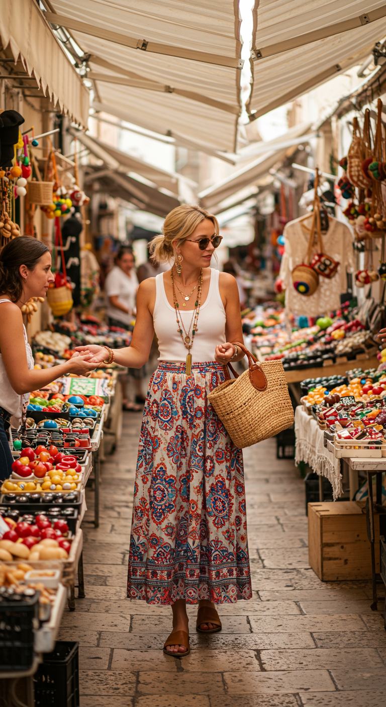 Woman in maxi skirt and tank top at a bustling market.