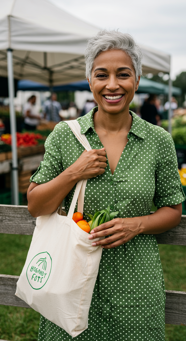 Woman in green polka dot shirt dress with tote bag at a farmers market.