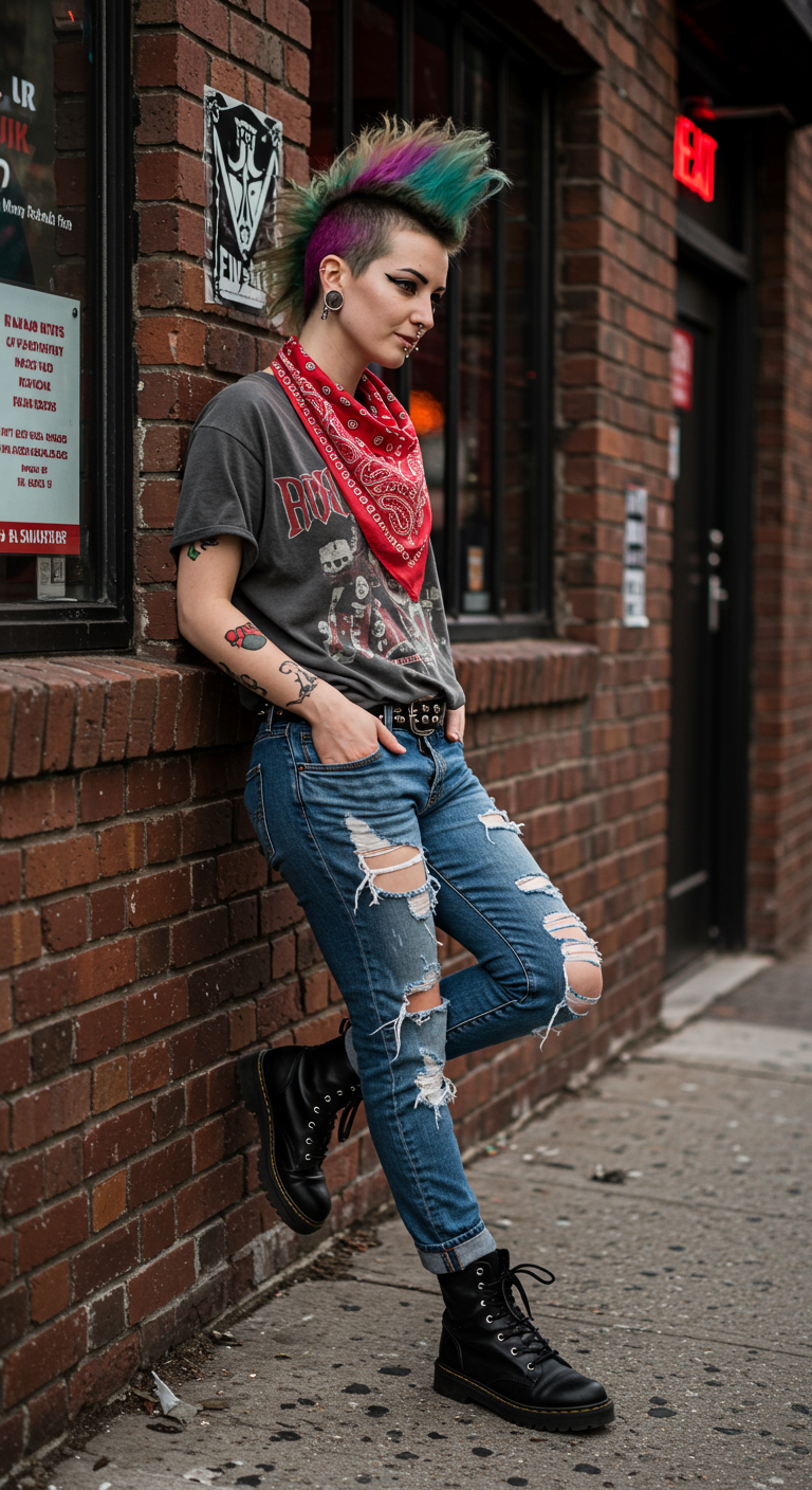 Woman with punk hairstyle, band t-shirt, ripped jeans, and a red bandana scarf.