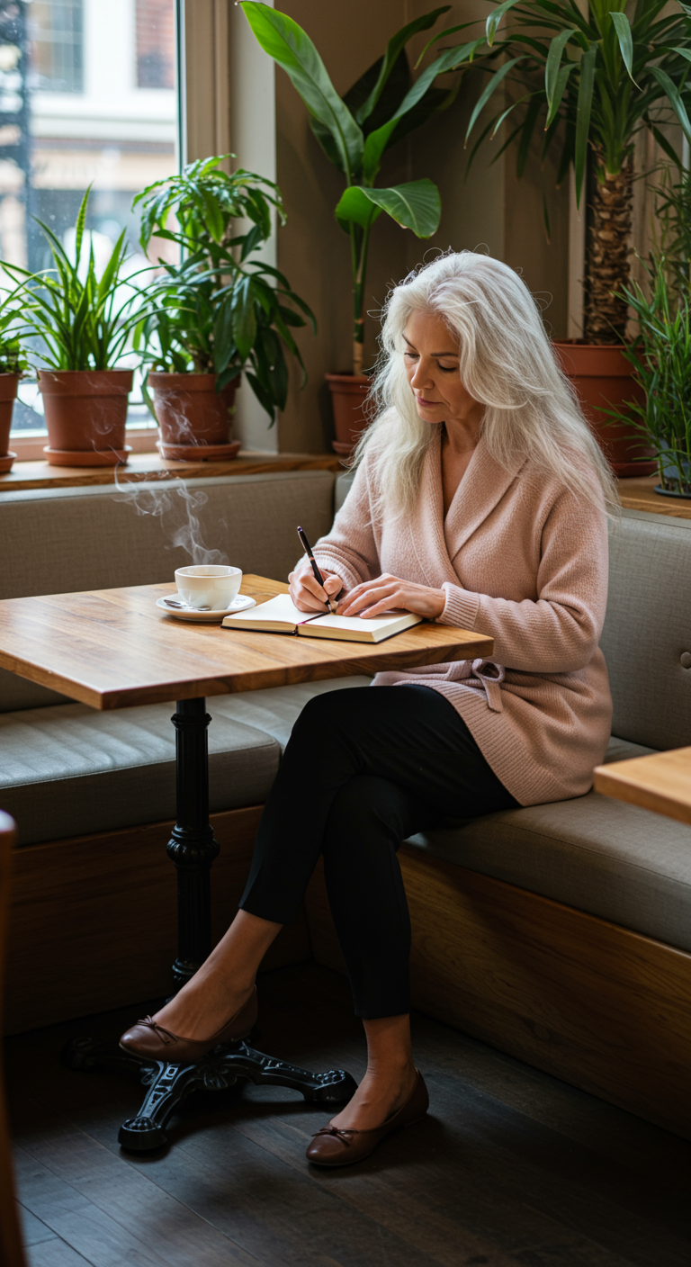 Woman with white hair in blush cardigan and black pants writing in a coffee shop.
