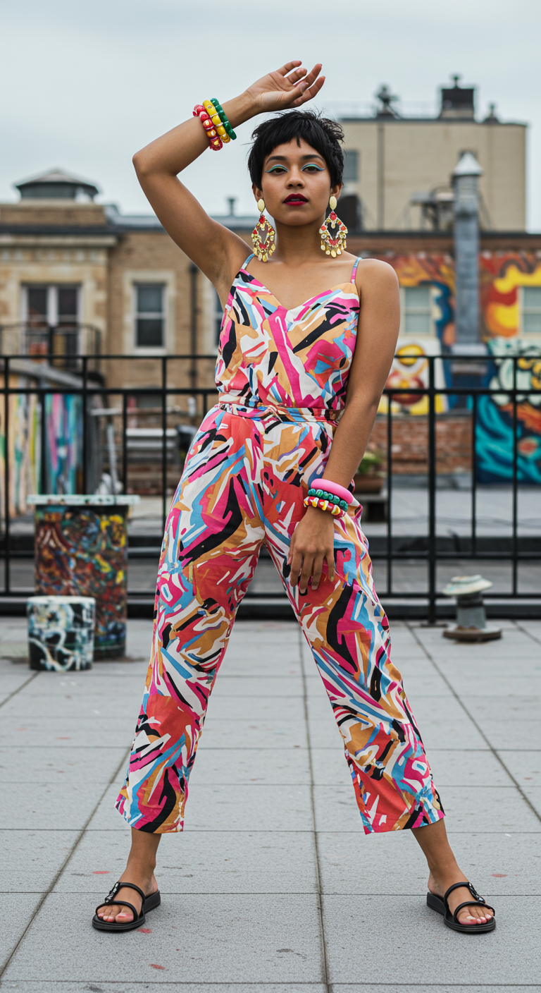 Woman in a colorful abstract print jumpsuit and statement jewelry on a vibrant rooftop.