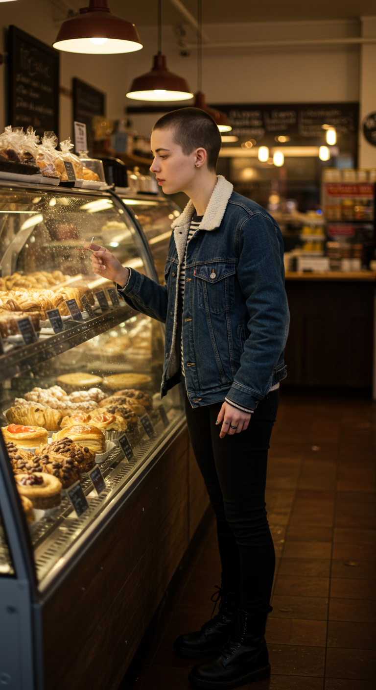 Woman in sherpa denim jacket and combat boots looking at pastries in a coffee shop.