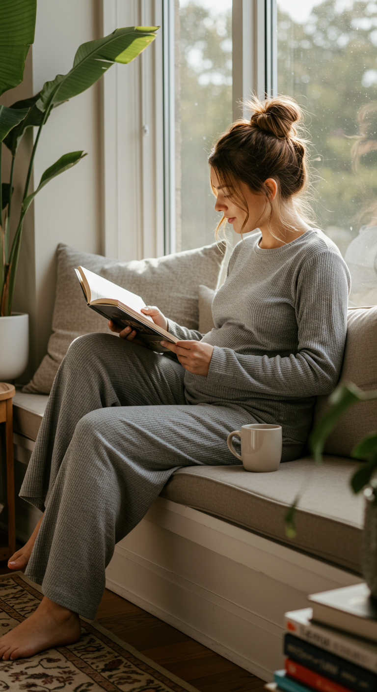 Pregnant woman in grey ribbed loungewear reading a book by a window.