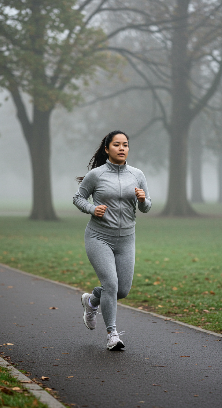 Woman in a grey matching tracksuit jogging in a foggy park.