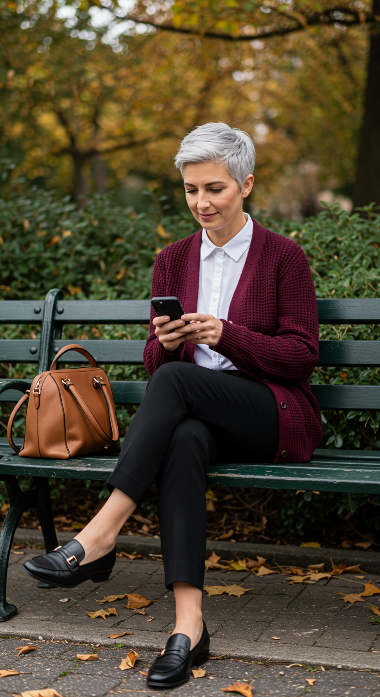 Woman in a white shirt, burgundy cardigan, and black trousers on a park bench.