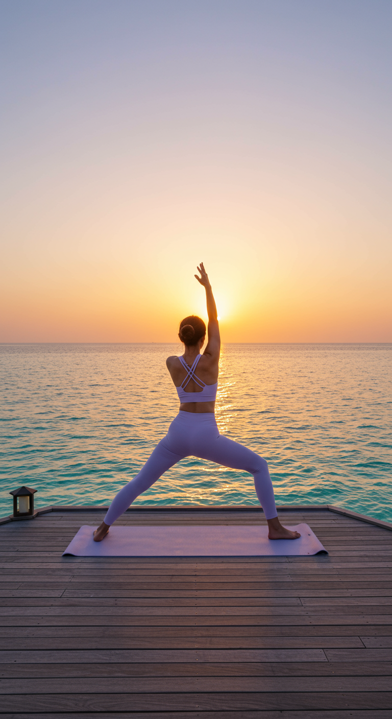 Woman in lavender yoga set doing warrior pose at sunrise.