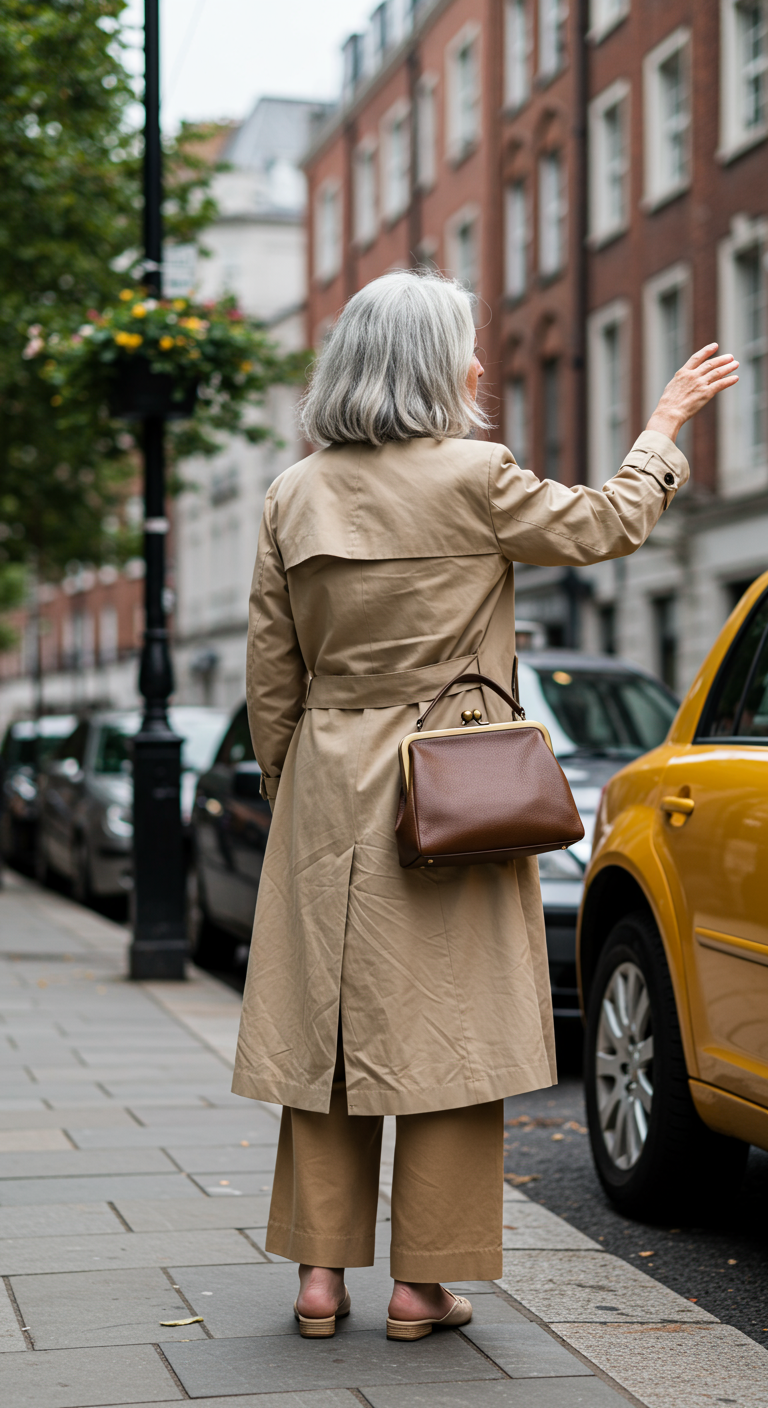 Woman in a trench coat and wide-leg pants hailing a cab with a brown frame bag.