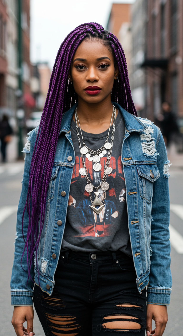 Woman in a band tee and denim jacket with layered silver coin necklaces.
